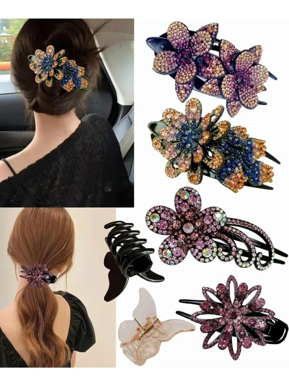 6 Pcs Floral Rhinestone Hair Clips - Elegant Double Flower Crystal Accessories